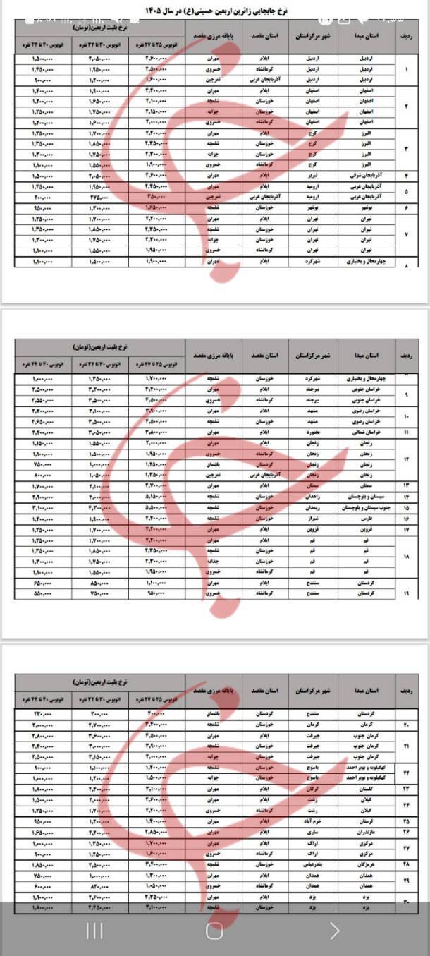 نرخ فروش بلیت اتوبوس اربعین
